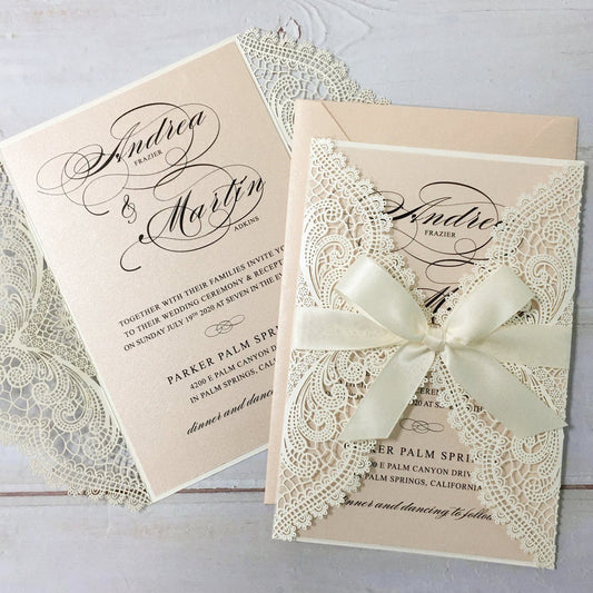 Laser Cutting Wedding Invitations with RSVP Cards, Blush Pink Shimmer Invitation Cards