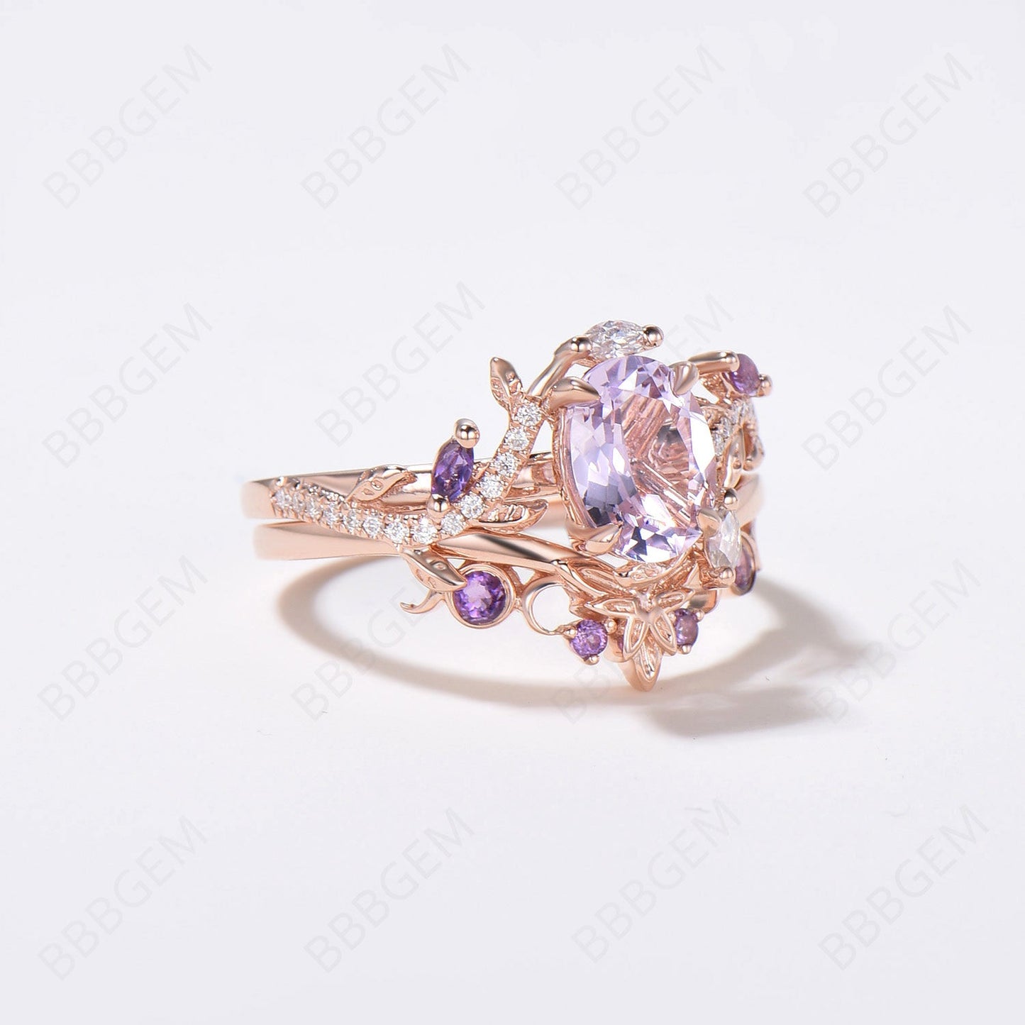 Exquisite 14K Rose Gold Bridal Set with 6x8mm Oval Lavender Amethyst