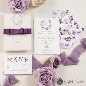 Lavender Floral Wedding Invitation With Blank Vellum Wrap And Purple Ribbon Swpi180