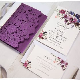 Vivid Shades Of Purple Watercolor Floral Laser Cut Pocket Wedding Invitations Swws195