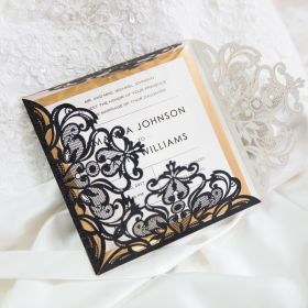 Luxury Black Glittery Laser Cut Wedding Invitations With Gold Glittery Mirror Paper Swws253