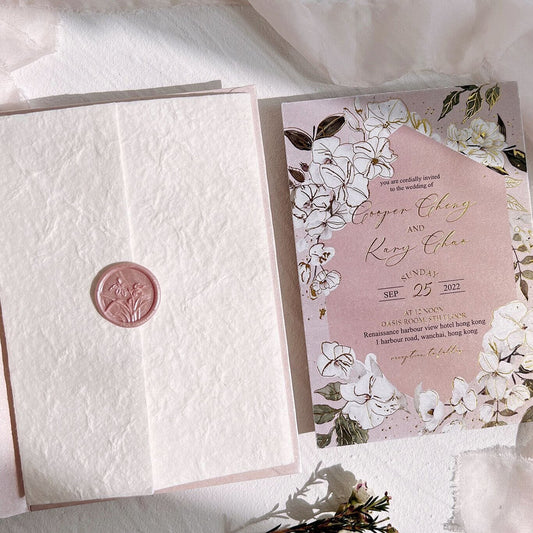 Light Pink Floral Wedding Invitations, Vintage White Handmade Paper Invites with Pink Wax Seals, Gold Foil Printing