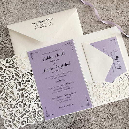 Lilac Lavender Purple Wedding Invitations with RSVP Cards, Customized Invite Wording