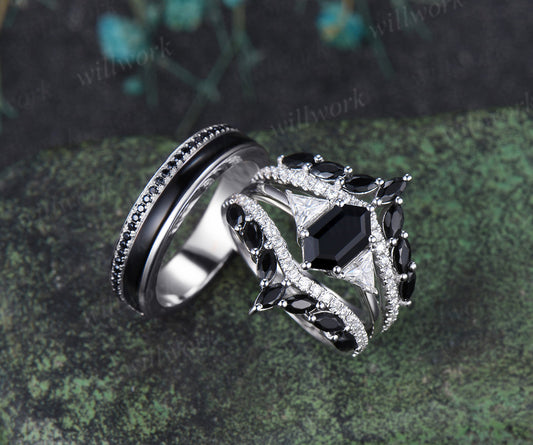 Long Hexagon Black Onyx Bridal Ring Set & Half Eternity Black Onyx Black Spinels Men Ring Classic Couple Ring Set