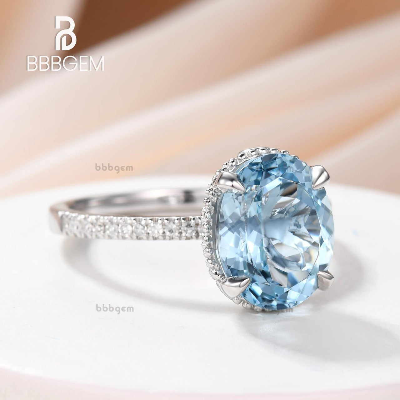 3.5 Carat Blue Oval Aquamarine Engagement Ring Diamond Band 14k Rose Gold Claws Prong