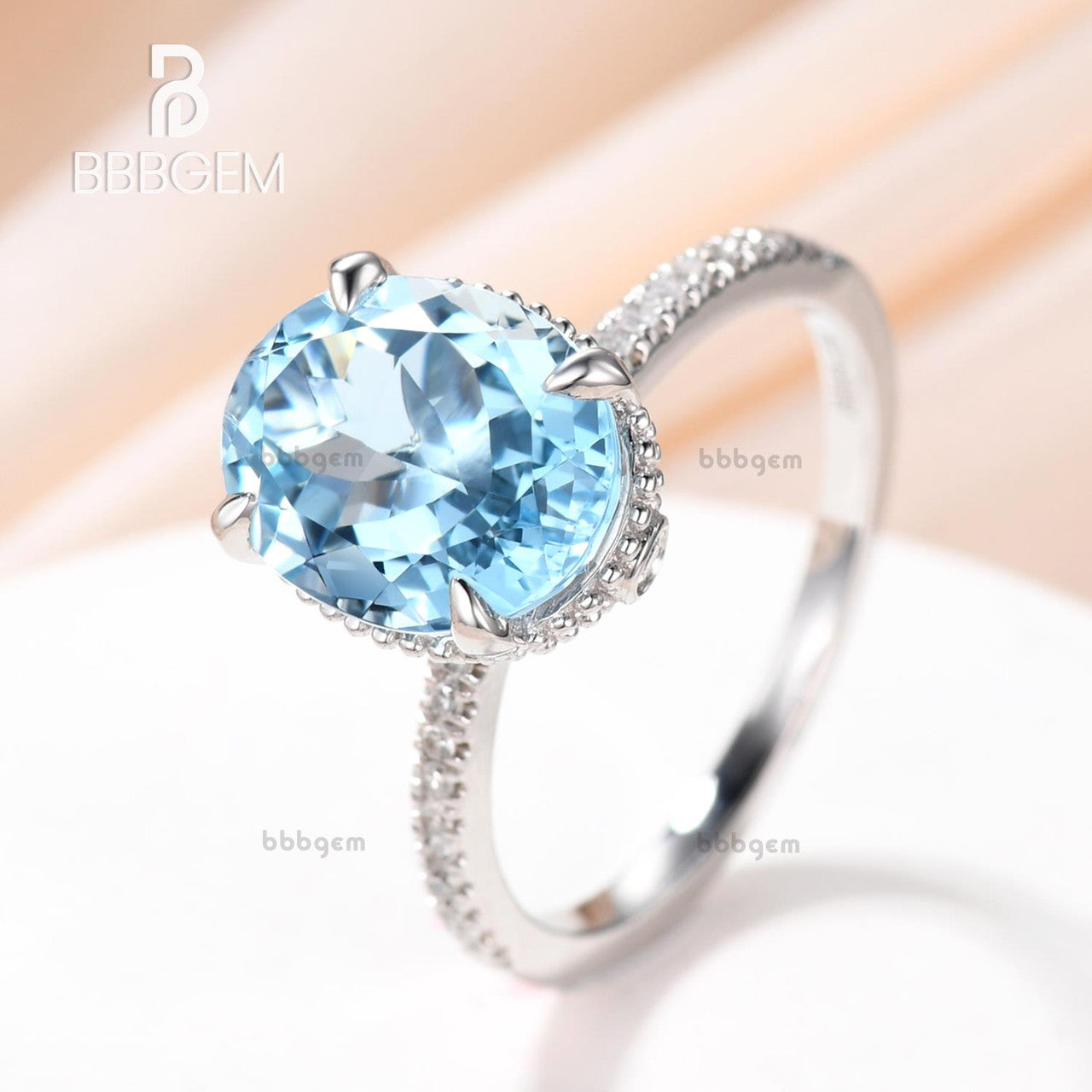 3.5 Carat Blue Oval Aquamarine Engagement Ring Diamond Band 14k Rose Gold Claws Prong