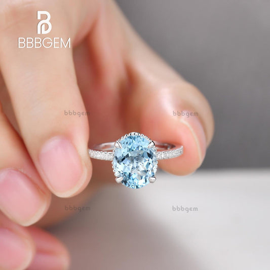 3.5 Carat Blue Oval Aquamarine Engagement Ring Diamond Band 14k Rose Gold Claws Prong