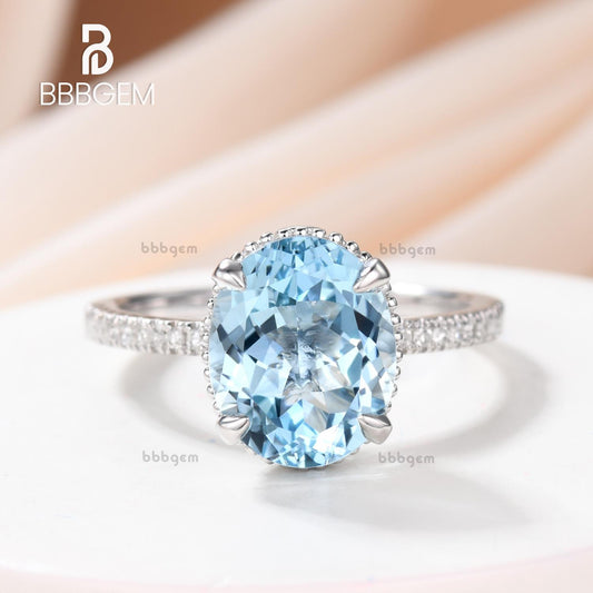3.5 Carat Blue Oval Aquamarine Engagement Ring Diamond Band 14k Rose Gold Claws Prong