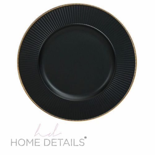 13" Black with Gold Trim Ribbed Round Plastic Charger Plate | 1 Charger