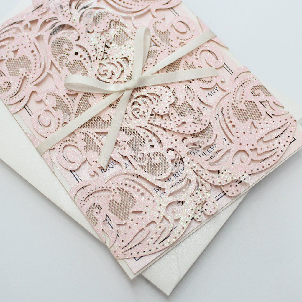 Luxurious Glitter Pink Wedding Invitations, Romantic Invitations Customized Wording