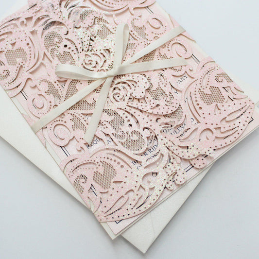 Luxurious Glitter Pink Wedding Invitations, Romantic Invitations Customized Wording