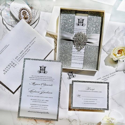Luxury Glitter Silver and Gold Foil Boxed Wedding Invitations, Elegant Glitter Double-layer Invites with Diamonds, Customized Monogram Invitation with RSVP