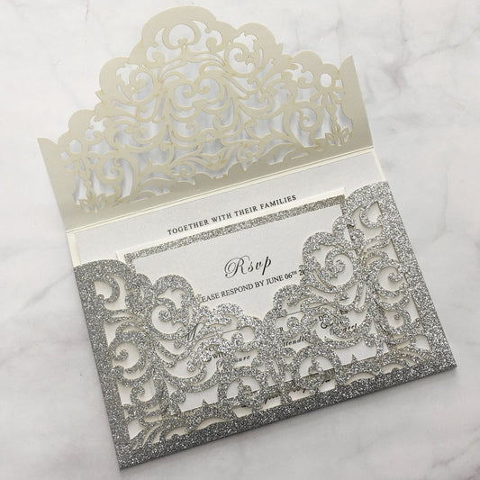 Luxury Glitter Silver Wedding Invitations, Grey Pocket Invitation Cards With RSVP Cards