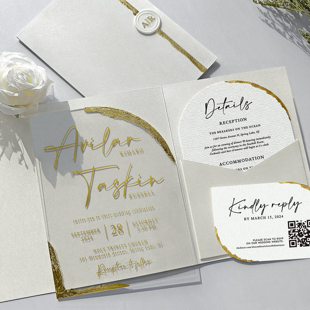 Luxury Gold Foil Acrylic Wedding Invitations, Handmade Gold Deckled Edge Pocket Invites, Arch Acrylic Wedding Invitation with Matching Cards