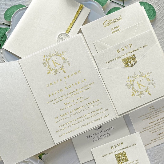 Luxury Gold Foil Pocket Wedding Invitation Set, Elegant Ivory and Gold Edge Trifold Invites, Personalized Gold Monogram and Wax Seal, QR Code RSVP