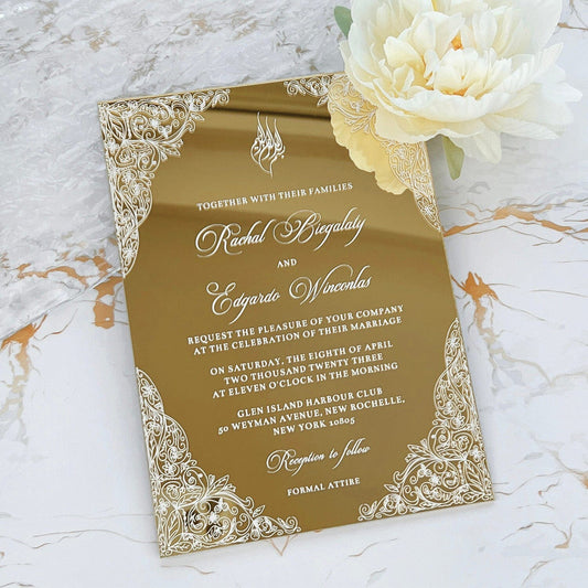 Luxury Gold Mirror Acrylic Wedding Invitation, Elegant Floral Frame and Personalized Monogram Invites, Minimalist Gold Acrylic Invites
