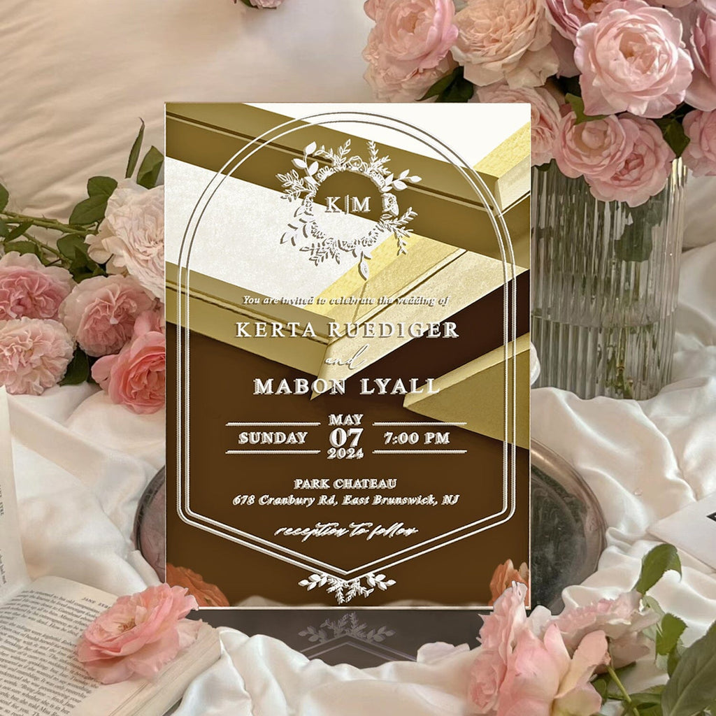 Luxury Gold Mirror Acrylic Wedding Invitations, Elegant Boxed Wedding Invites, Customized Gold Foil Monogram and Wax Seal