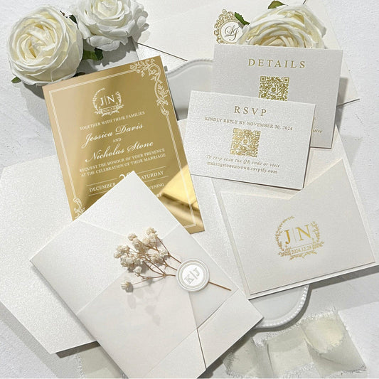 Luxury Gold Mirror Wedding Invitation Set, Elegant Botanical and Gold Foil Pocket Invites, Mirror Acrylic Wedding Invitations with Personalized Monogram, QR Code RSVP