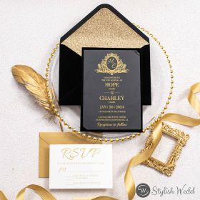 Luxury Gold Monogram Acrylic Wedding Invitation With Black Velvet Backer Sapl010