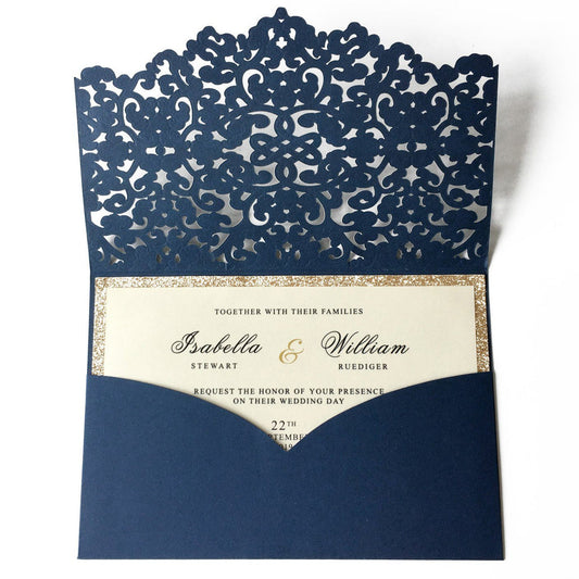 Luxury Navy Wedding Invitation Cards Pocket Design PB1988-N