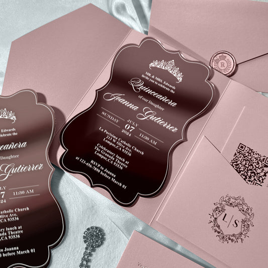 Luxury Rose Gold Mirror Quinceanera Invitation Suite, Sweet 16 Princess Crown Invitations with QR Code RSVP, Dusty Rose Pocket Invites for Wedding and Birthday Party etc.