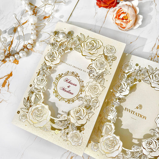 Luxury Tri-Fold Wedding Invitation Set, Gold Foil Rose Wedding Invites, Laser Cut Wedding Invitations