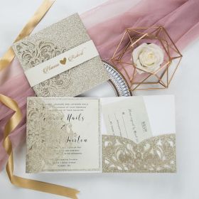 luxury champagne gold glitter tri-fold laser cut pocket wedding invite with belly band CLCI019