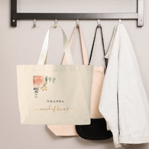 Maid of honor rose gold floral eucalyptus greenery large tote bag