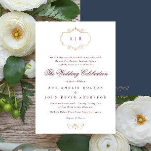 maroon burgundy navy blue traditional crest wed invitation