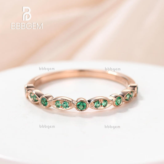 Emerald Wedding Ring 14k Rose Gold Antique Art Deco Half Eternity Band May Birthstone Ring