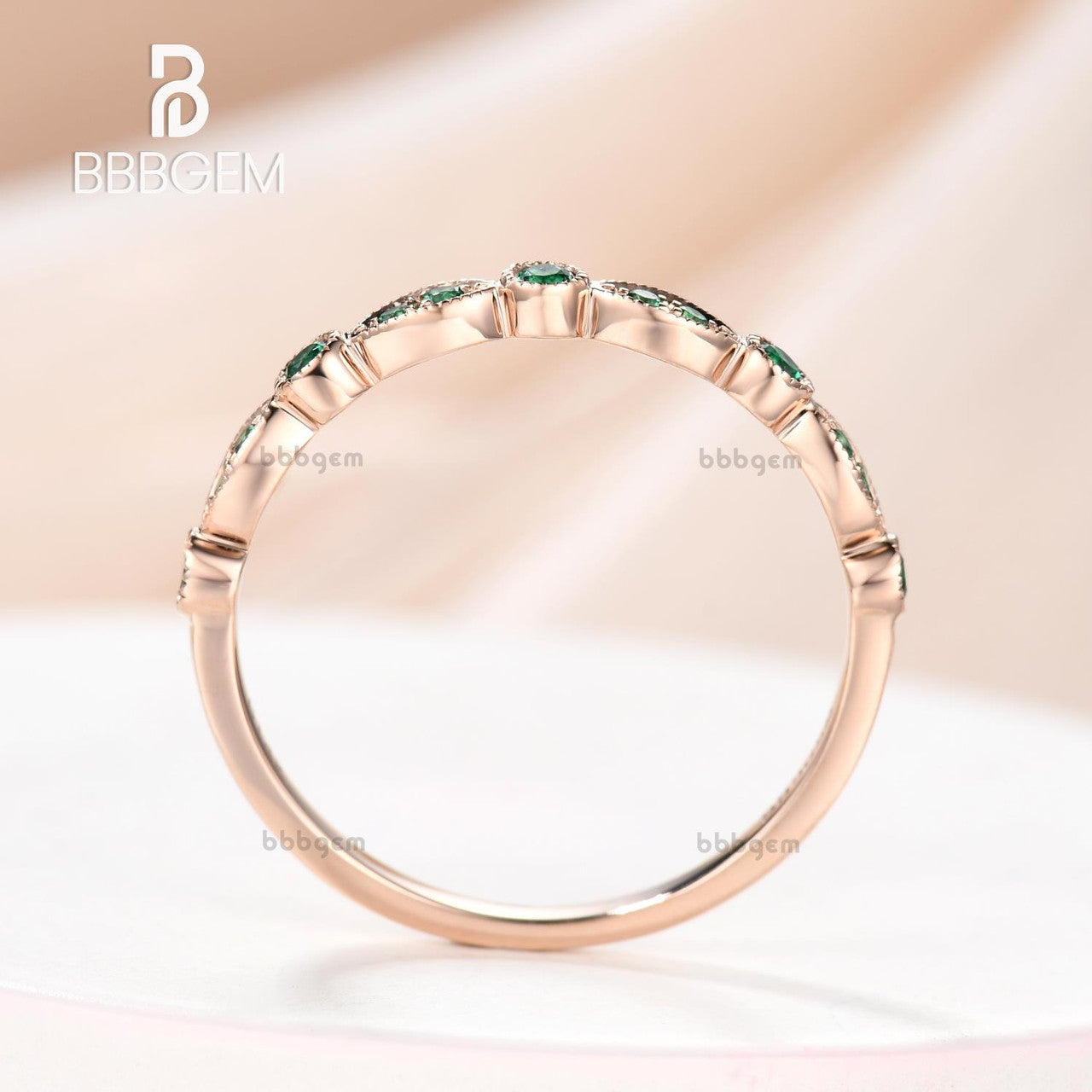 Emerald Wedding Ring 14k Rose Gold Antique Art Deco Half Eternity Band May Birthstone Ring