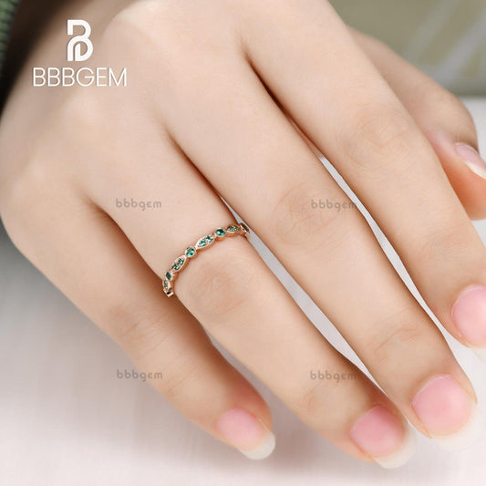 Emerald Wedding Ring 14k Rose Gold Antique Art Deco Half Eternity Band May Birthstone Ring