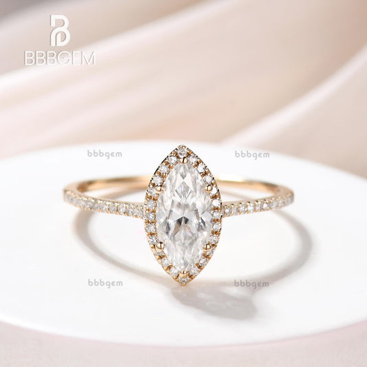 1ct Rose Gold Moissanite Engagement Ring Marquise Shaped Bridal Wedding Ring Halo Diamond Half Eternity Band Women Anniversary Gift