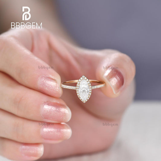 1ct Rose Gold Moissanite Engagement Ring Marquise Shaped Bridal Wedding Ring Halo Diamond Half Eternity Band Women Anniversary Gift