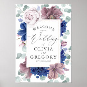 Mauve and Navy Blue Floral Wreath Wedding Welcome Poster