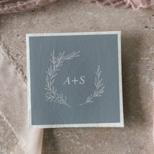 Minimal Leaf Blue and White Monogram Wedding Napkins