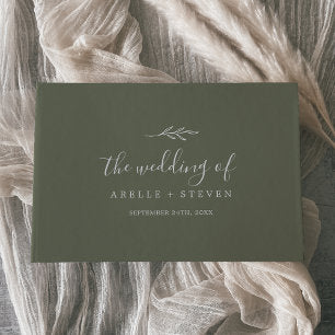 Minimal Leaf Dark Green Monogram Back Wedding Guest Book