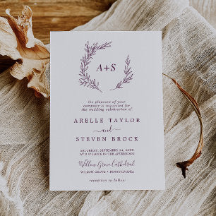 Minimal Leaf Eggplant Formal Monogram Wedding Invitation