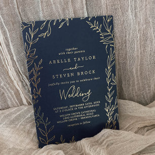Minimal Leaf Gold Foil Navy Blue Frame Wedding Foil Invitation