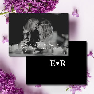 Minimalist Photo Script Monogram Wedding Black Guest Book