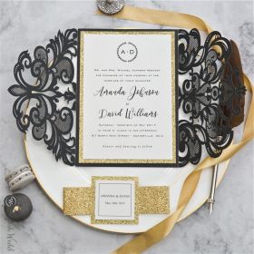 Modern Black Laser Cut Wedding Invitations With Glittery Belly Band And Tag Swws100