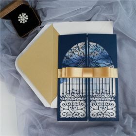 Modern Navy Blue Gate Folded Laser Cut Wedding Invitations With Gold Ribbon Bow Swws110