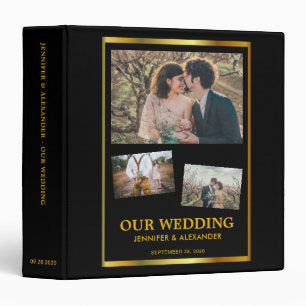 Modern black gold photo collage wedding album 3 ring binder