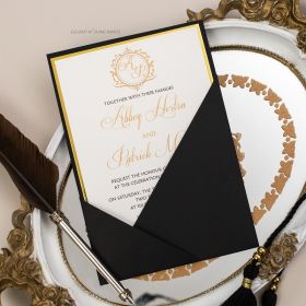 Modern Black Pocket Wedding Invite With Gold Monogram Design Swwp003