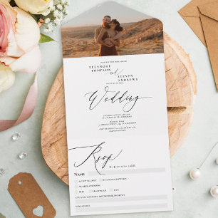 Modern boho photo chic calligraphy wedding all in one invitation