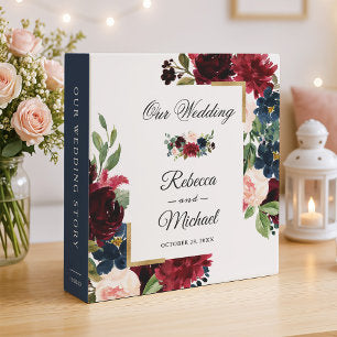 Modern Burgundy Blush Floral Wedding Albums 3 Ring Binder