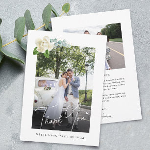 Modern Calligraphy Magnolia Photos Wedding Thank You Card