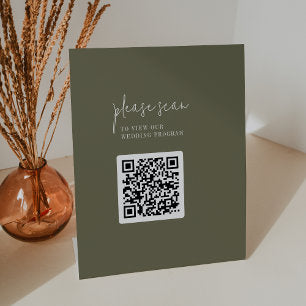 Modern Chic Olive Green QR Code Wedding Program Pedestal Sign