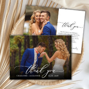 Modern Chic Script 2 Photo Wedding Thank You Card