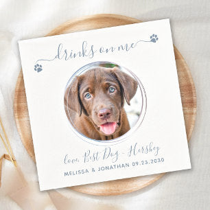 Modern Dusty Blue Custom Pet Photo Dog Wedding Napkins